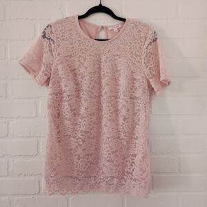 Floral Velvet Lace Blouse Scalloped Hem Blush Pink Women Sz M Coquette Chic